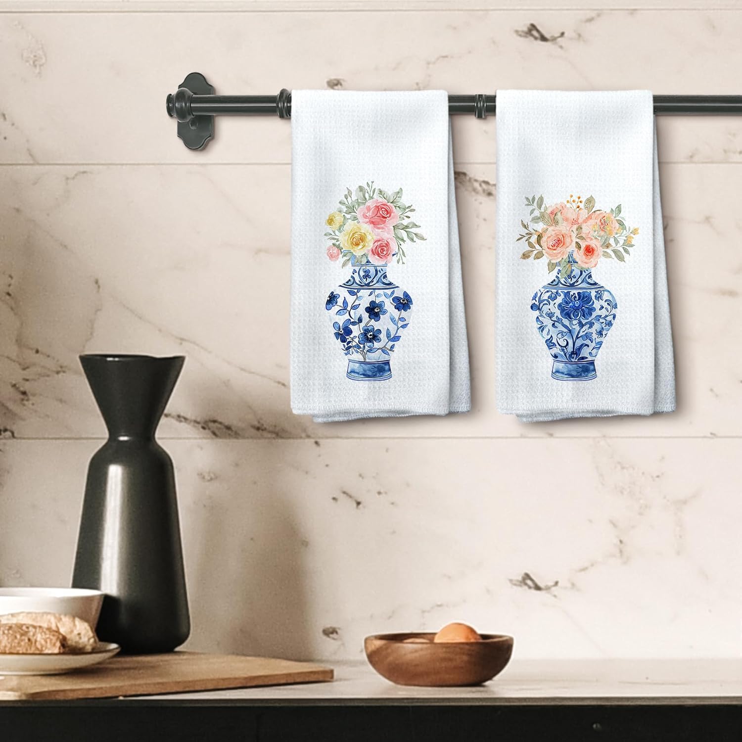 Blue and White Porcelain Kitchen Towels, Watercolor Floral Chinese Vase Hand Towels, Vintage Preppy Dish Towels Dishcloths Tea Towels for Kitchen, Chinoiserie Bathroom Decor Set of 2, 16x24in - Image 4