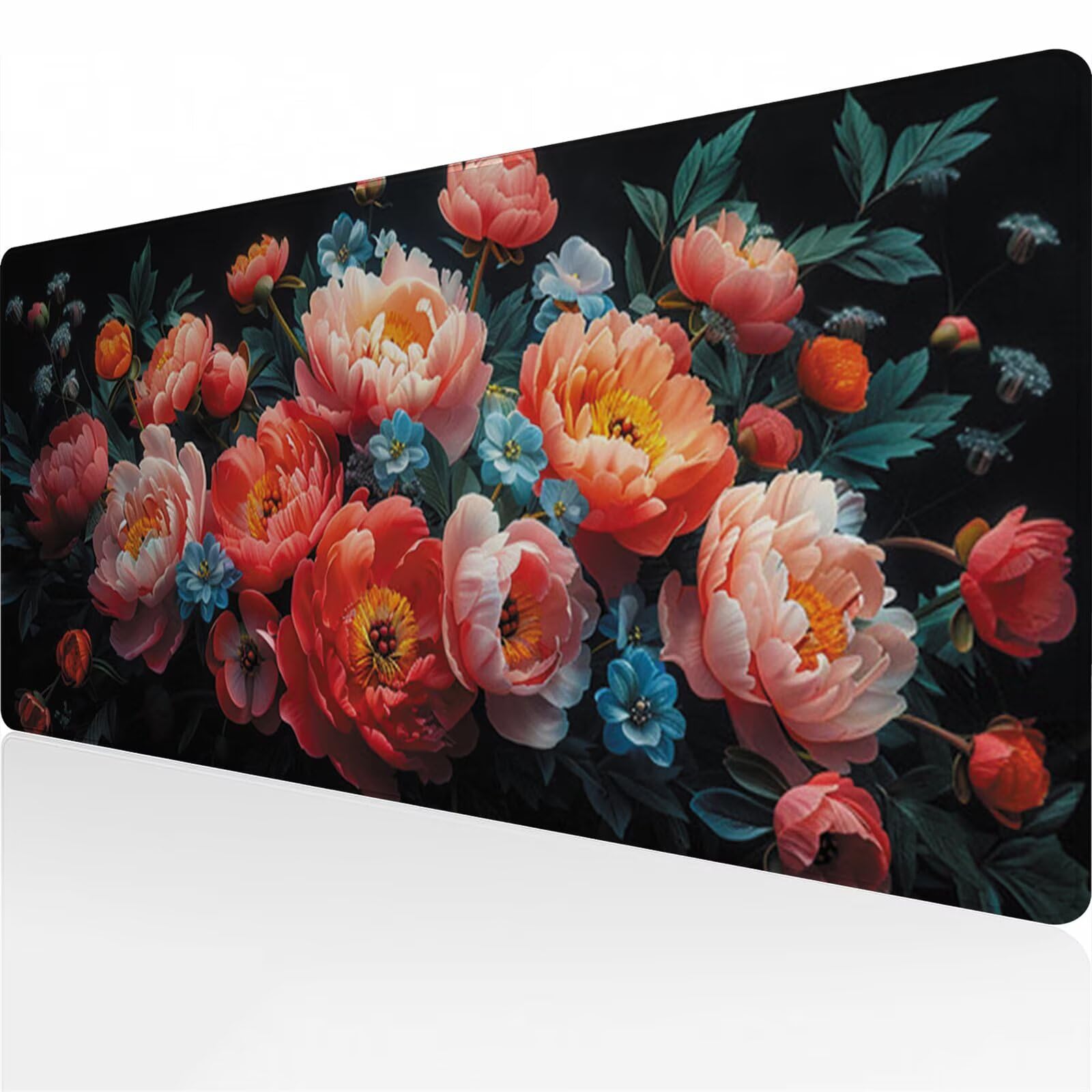 Gaming Mauspad 1500x800x2 mm Verlängertes großes Mauspad XXL Schreibtischauflage mit Rutschfester Basis genähte Rand für Büro Zuhause (Rosa rote Blumen)