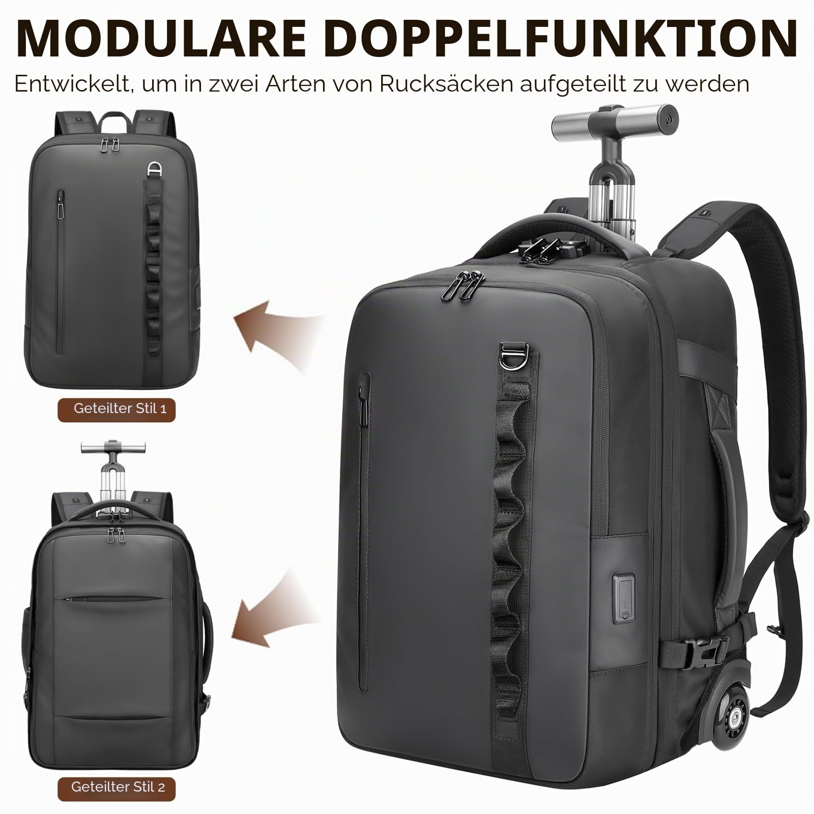 2-in-1-Reiserucksack mit Rollen, 50L Rucksack Trolley mit 17,3" Laptopfach - Handgepäck mit USB-C-Anschlüssen für Geschäftsreise, Hochschulen & Wochenendtrip