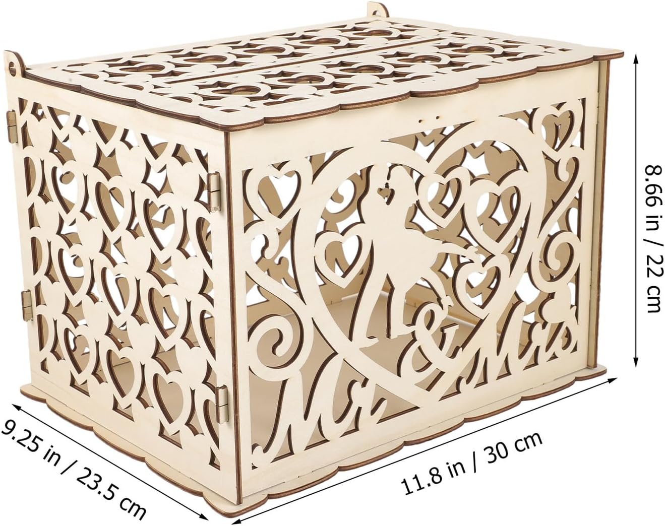 Wooden Wedding Card Box with Carved Heart Design, Decorative Envelope Money Box for Wedding Reception, Party Card Holder with Hollowed Pattern,