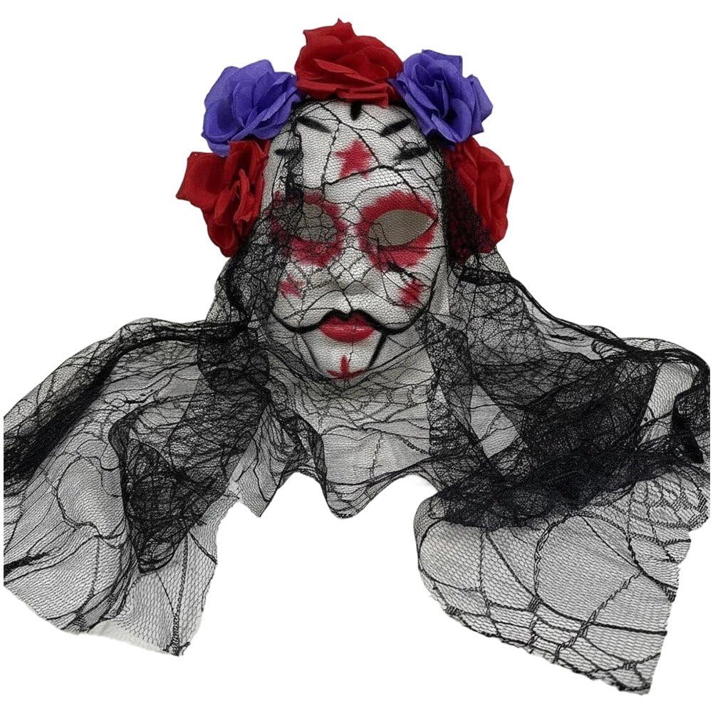 Day of the Dead Sugar Skull Mask with Veil Rose Flower Crown Mexican Mask for Halloween Cosplay Costume Accessory โ image 1