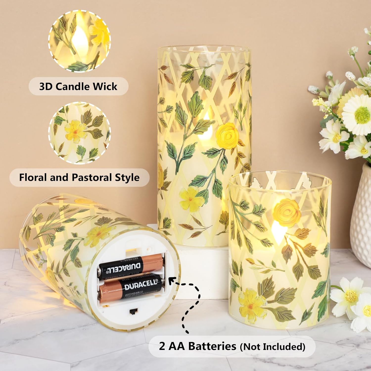 Crystal Club Yellow Floral Flameless Candles with Remote & Timer, 3D Wick Flickering Pillar LED Flameless Candles, Battery Operated for Home Wedding Party Festival Decor, Set of 3