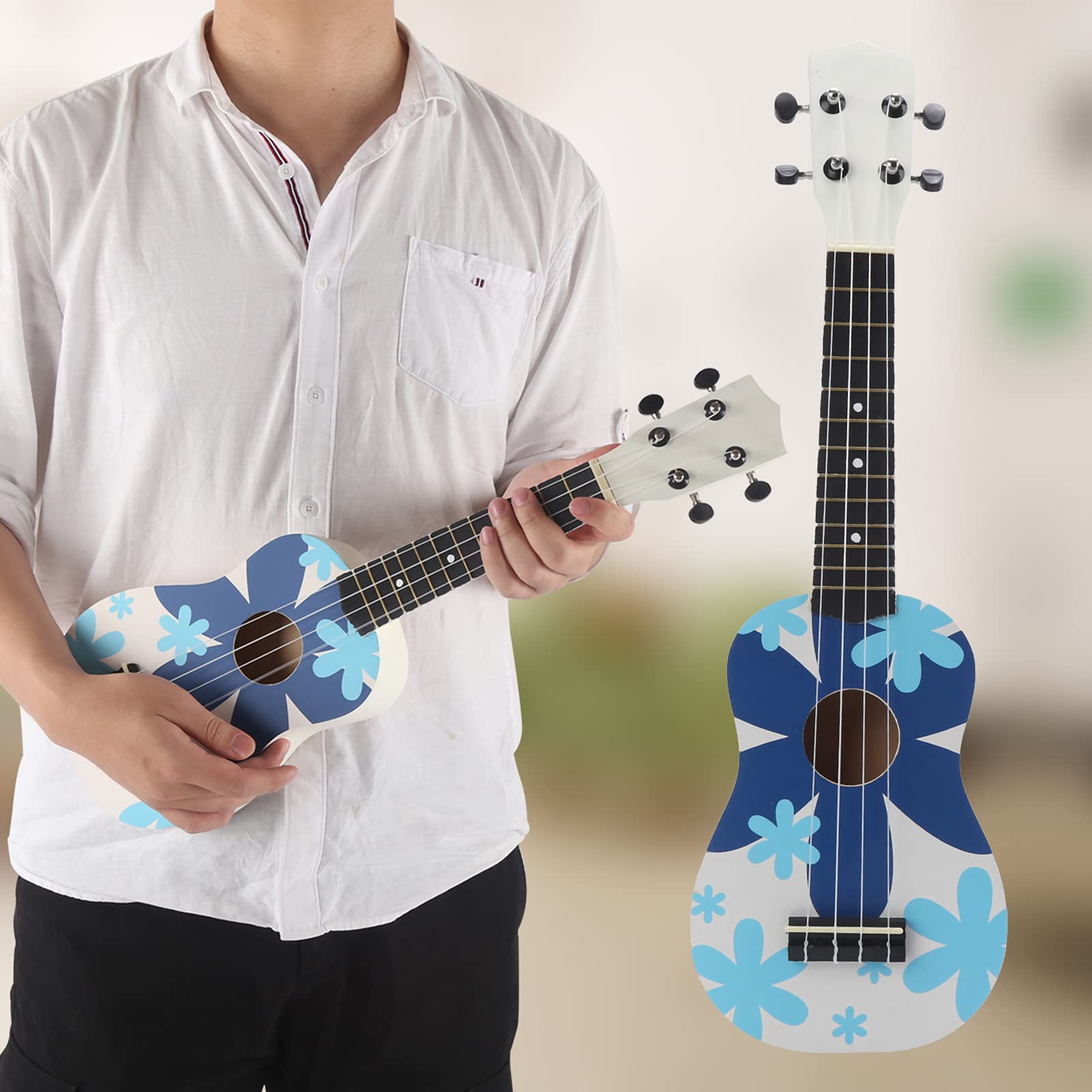 Qqmora Ukulele 21 Pollici Chitarra Hawaiana a 4 Corde per Principianti e Bambini con Custodia Protettiva, Corde in Nylon Morbido, Motivi Blu e Verdi (Blu)
