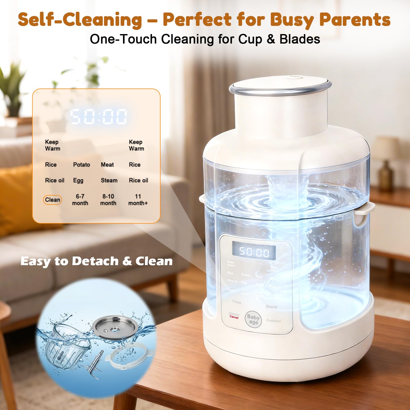 Robot cuiseur mixeur bébé 500W — Tout-en-un : cuiseur vapeur, mixeur, chauffe-biberon — Purées pour tous âges — Écran tactile, programmes préréglés, auto-nettoyage — Acier inoxydable