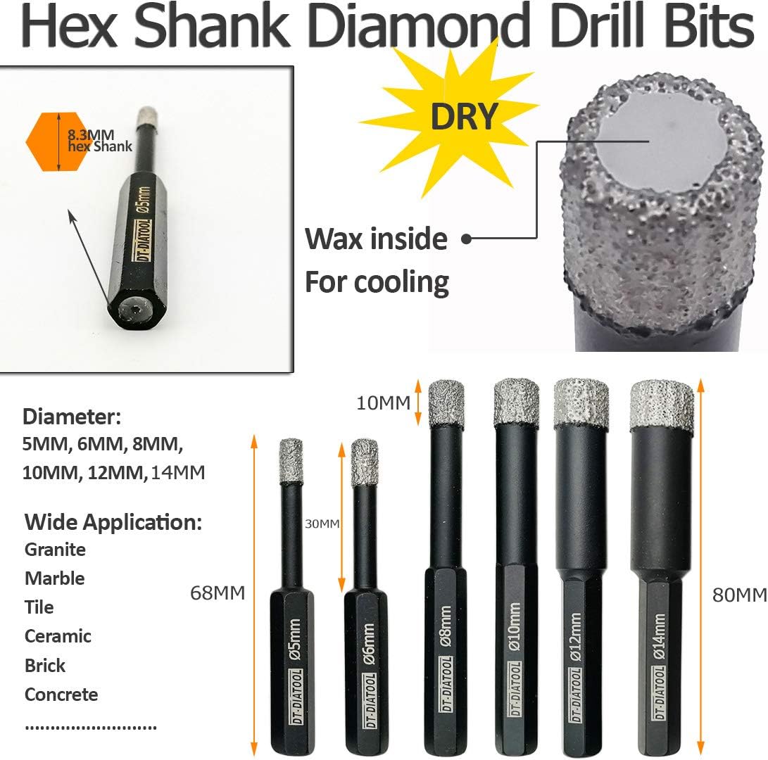 1/4" Dry Diamond Drill Bits for Tile Porcelian Marble Granite Brick with Hex Shank Dia 6mm Pack of 5 by DT-DIATOOL