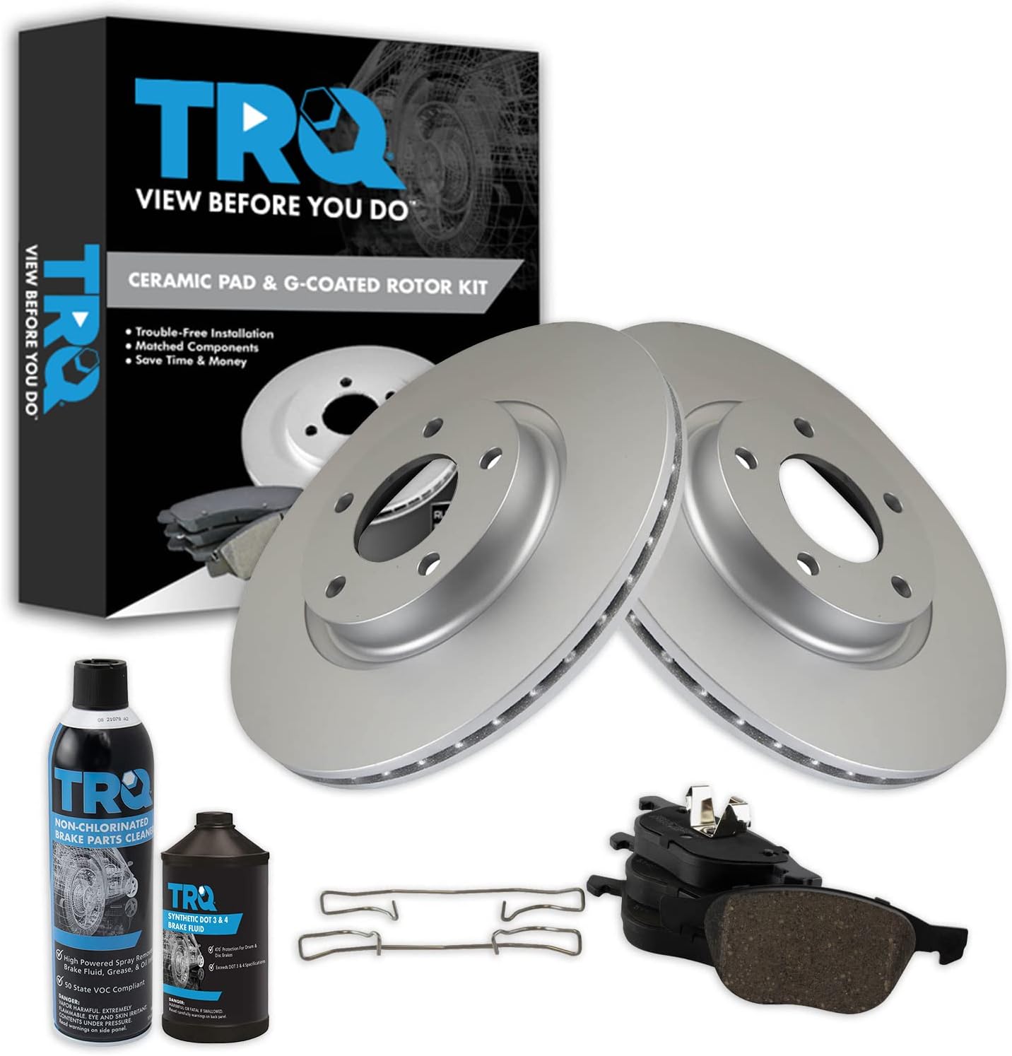 TRQ Front Brake Pad & Rotor Kit Brake Chemical Kit Brake Pads Brake Rotor Ceramic Premium G-Coated Compatible with 2004-2013 Mazda 3 2006-2015 5