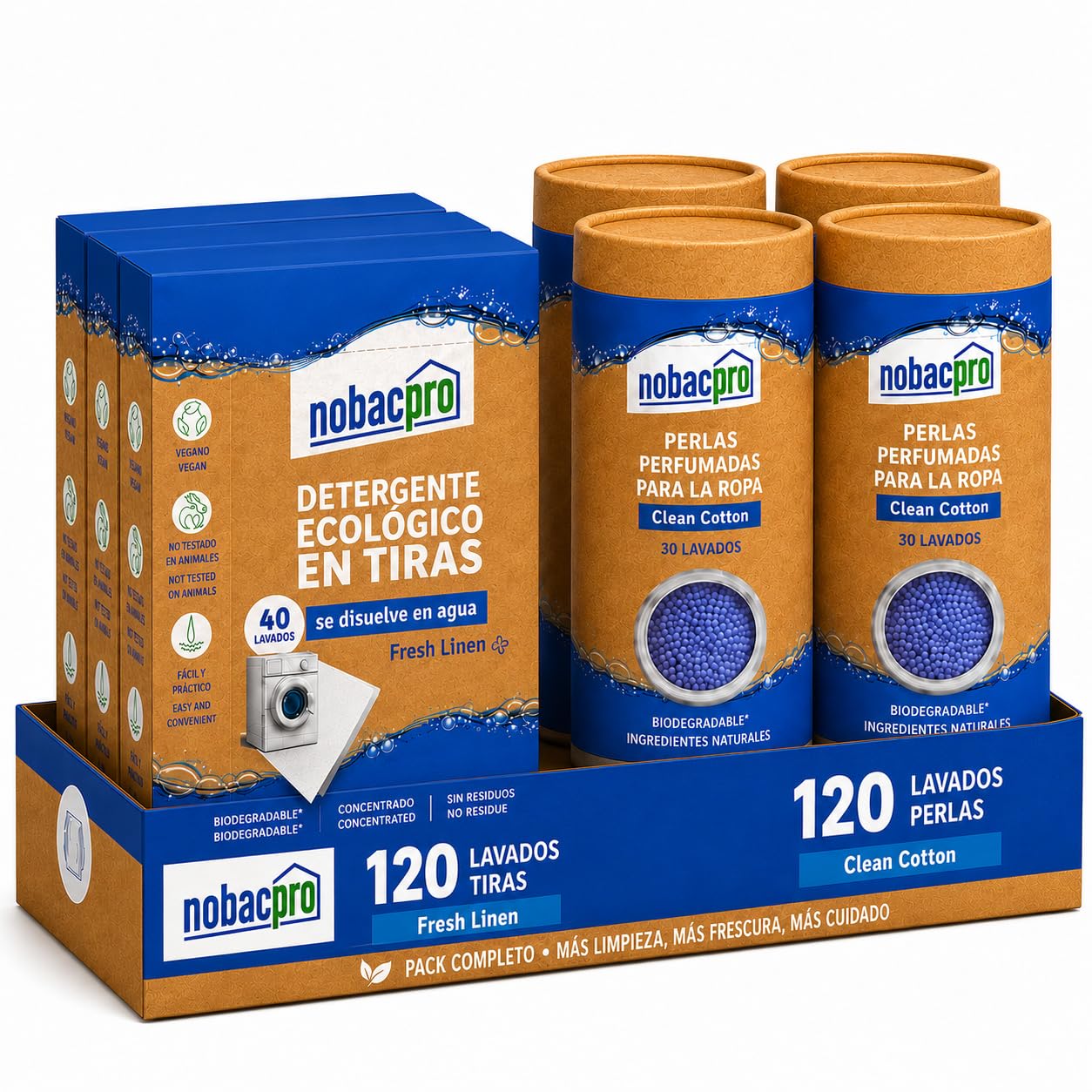 PACK Detergente en Tiras para Lavadora + Perlas Perfumadas para Ropa | 120 Lavados Tiras Fresh linen y 120 Lavados Perlas Clean cotton| Ecológico | Hipoalergénico | Vgano | sin plásticos