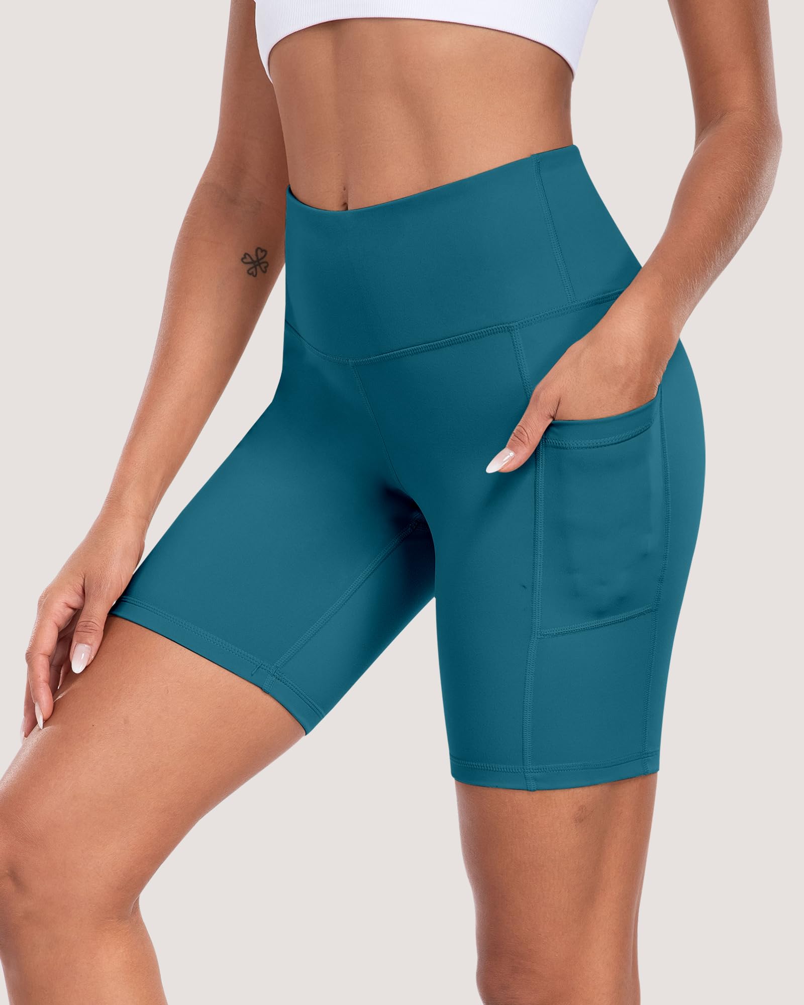 Pantalones cortos de ciclista para mujer con bolsillos, cintura alta de 8 pulgadas, control de abdomen, suaves, atléticos, entrenamiento, gimnasio, yoga — view 8