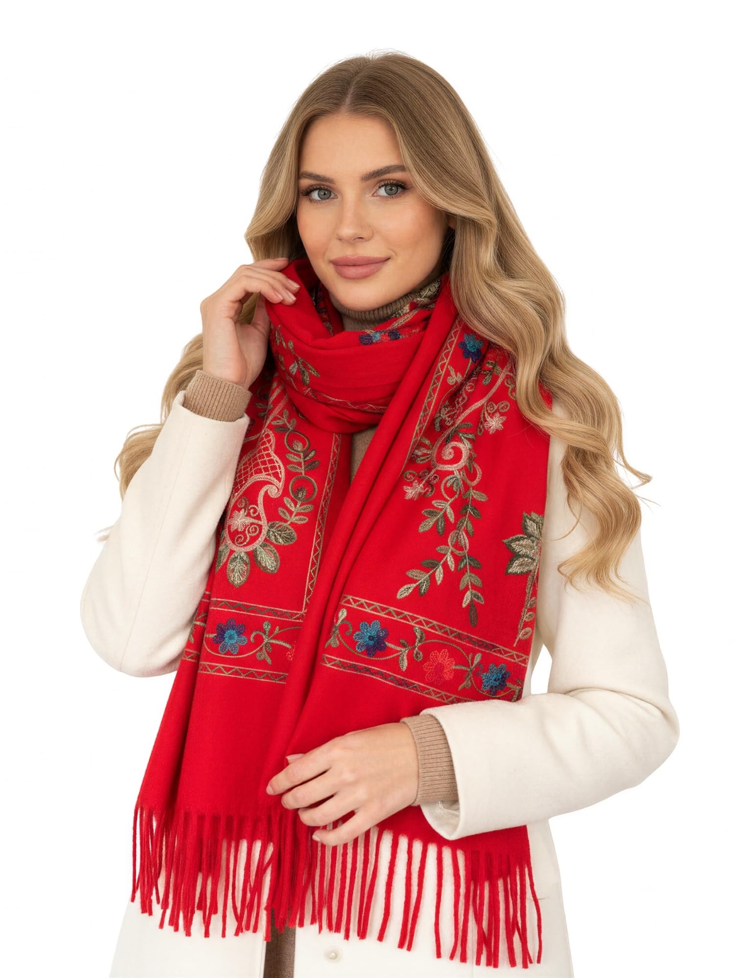 Women Pashmina Scarf Shawl Wrap, Large Long Paisley Floral Rainbow Ladies Scarves, Wearable Winter Blanket Scarfs, Indian Shawl Wedding Evening Stole, Cashmere & Cotton (Red Rainbow Floral)