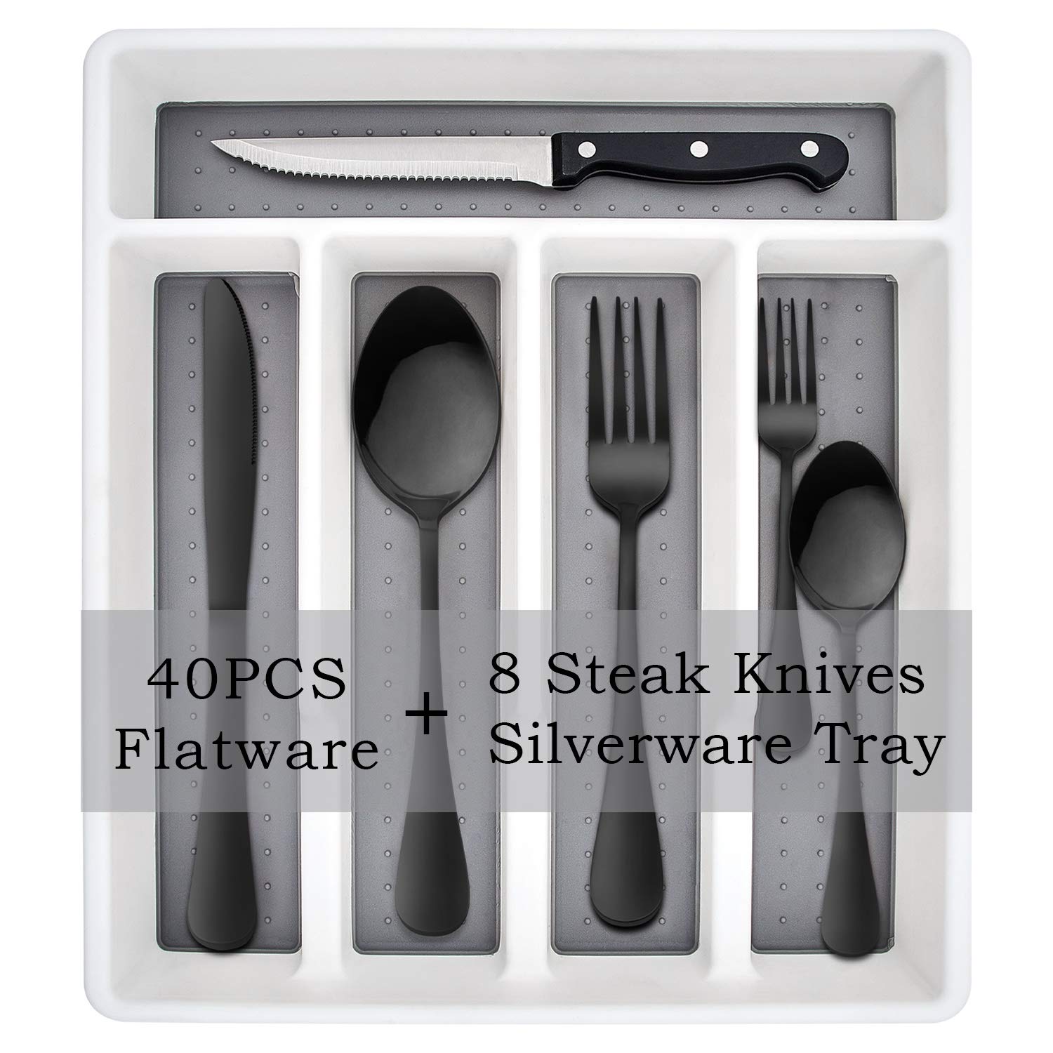HaWare 49-Piece Silverware Set with Flatware Drawer Organizer, Stainless Steel Cutlery Set with 8 Steak Knives, Eating Utensils Set Service for 8, Mirror Polished, Dishwasher Safe-Black