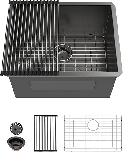 Miniatura 170 de Sarlai - Fregadero empotrado con barra, de 10 x 18 x 8 pulgadas, pequeño, de acero inoxidable, de calibre 16, simple, para RV Acero inoxidable,Negro