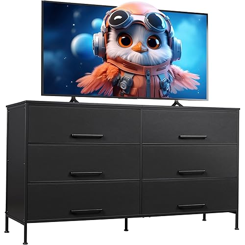 WLIVE 6 Drawer Dresser for Bedroom Large, Fabric Black Dresser TV Stand for 55, 60, 65, 70 inch TV, Wide Long Chest of Drawers with Deep Drawer for Closet, Bedroom, Living Room, Hallway