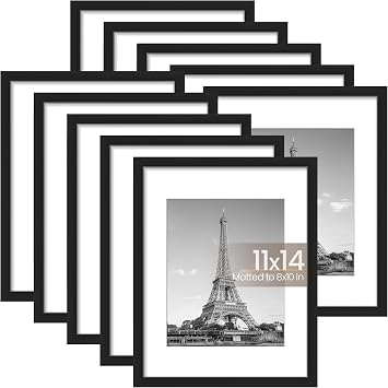 upsimples 11x14 Picture Frame Set of 15, Display Pictures 8x10 with Mat or 11x14 Without, Multi Photo Frames Collage for Wall Display, Black