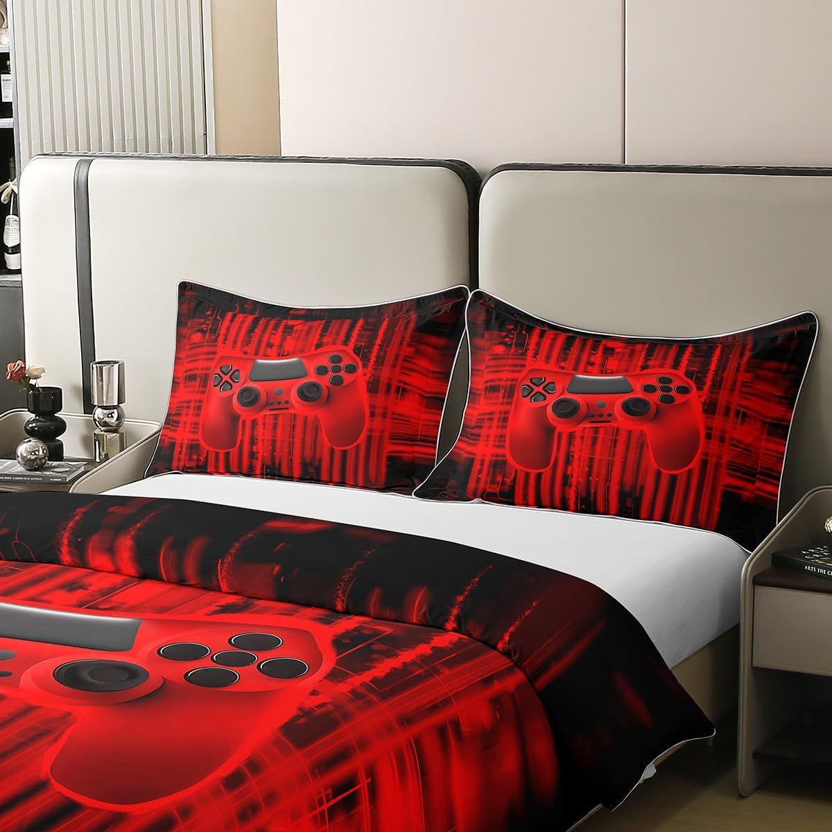 Erosebridal Boys Gamer Duvet Cover Full Size Gamepad Comforter Cover for Kids Teens-Game Room Accessories and Decor-Cooling Game Console Bed Set,Red Black image 4