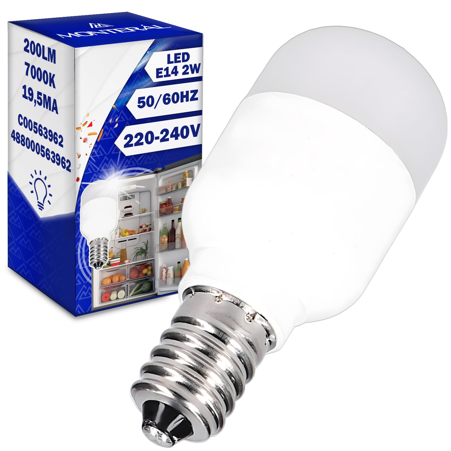 MONTERAL E14 LED Light Bulb for Fridge Freezer 2W 220-240V 50/60Hz 200Lm 7000K 19,5mA