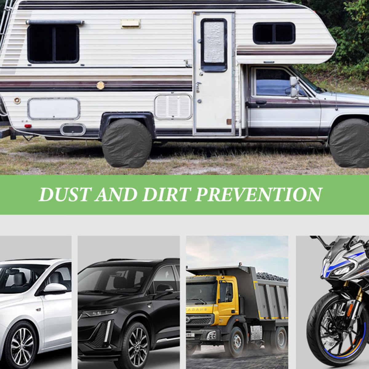 Copertura Pneumatici per Rv e Camper 4 Pezzi in Poliestere 190t Nera | Previene Detriti, Installazione Semplice, per Ruote e Pneumatici, Adatta a Camper e Rimorchi