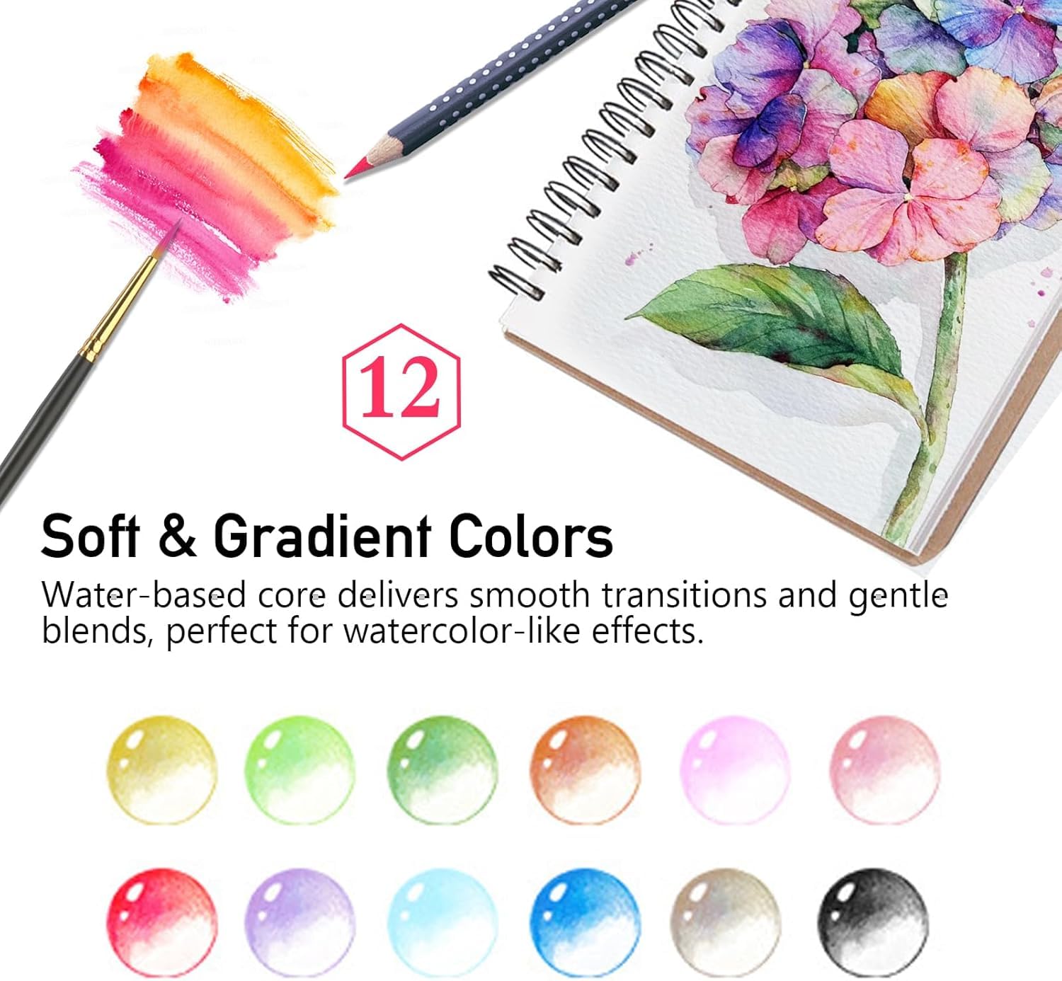 Roseelf Crayons de couleur, ensemble aquarelle (12 couleurs/24 couleurs/36 couleurs/48 couleurs/72 couleurs/120 couleurs), soluble dans l'eau, crayon, fournitures d'art, 1 papier aquarelle A5, écoles