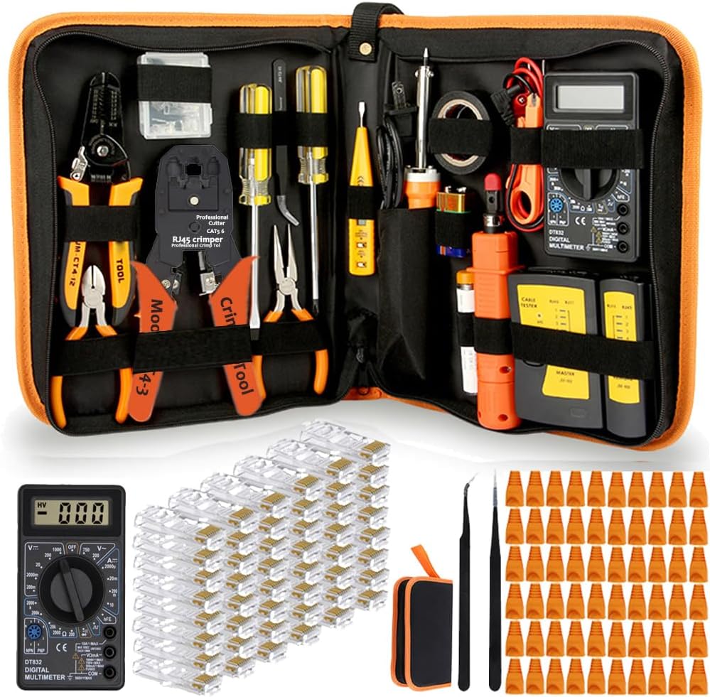 LEATBUY CAT5 Crimp Set CAT6 Crimping Tool RJ45 Crimper Ethernet Kit for RJ11/RJ12, Professional Network Wire Stripper Cutter, Maintenance Lan Cable Pliers Tester Repair Set (WHITE)