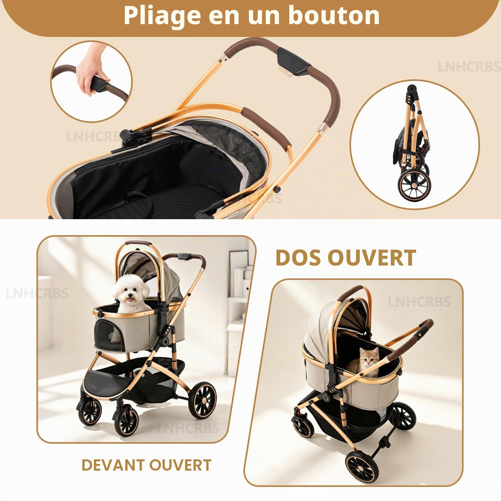 Lnhcbrs Poussette Pour Chien,Panier Amovible,Moustiquaire,Tissu Anti-Griffures,Châssis Aluminium (22kg,Pliage Simple,Double Frein,Idéale Comme Poussette Chien Tout Terrain Et Poussette Pour Chat,Kaki