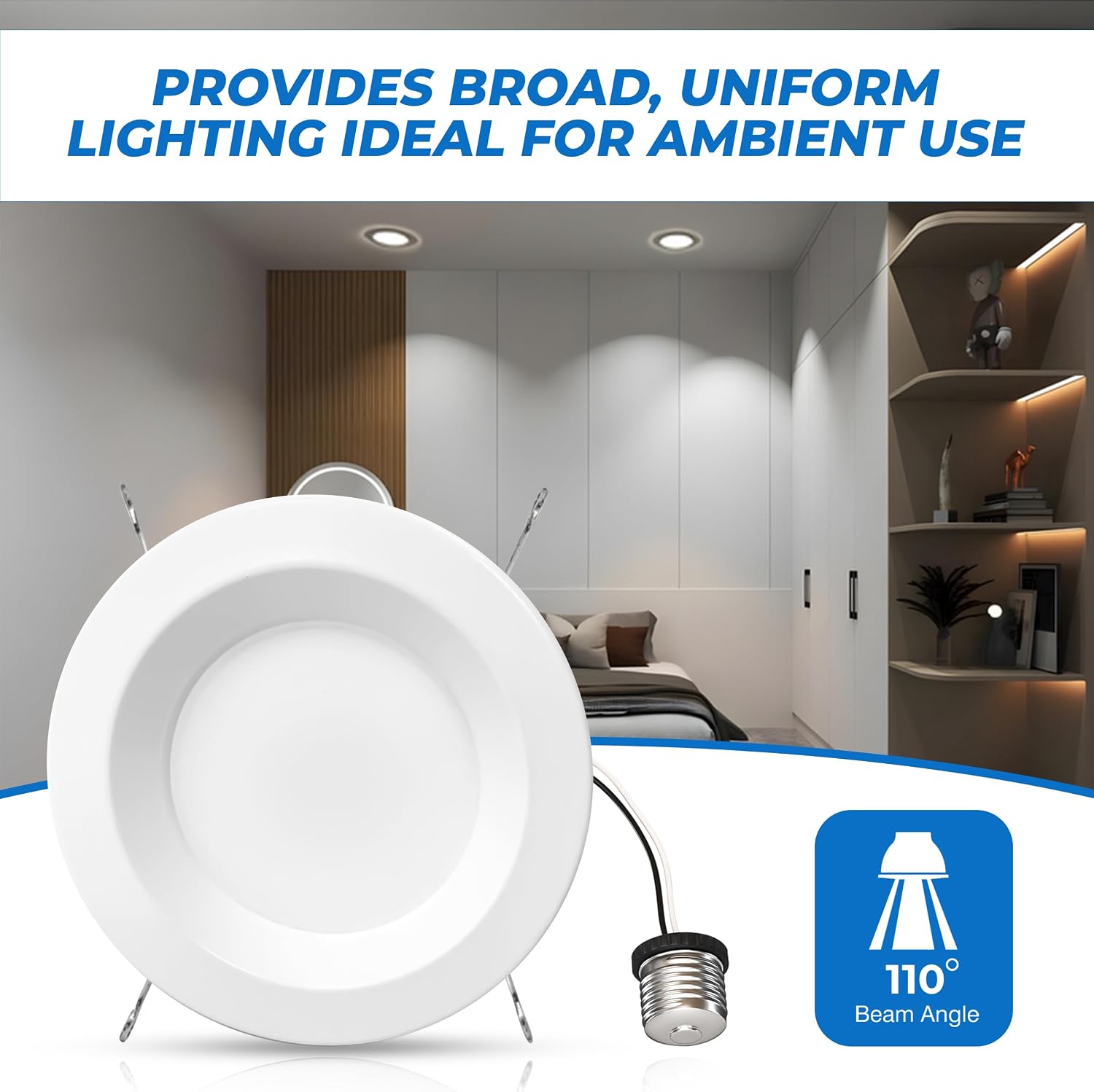 5/6 Inch LED Recessed Downlight, Retrofit Can Light (4-Pack) E26 Bulb Screw On Quick Connect 14W (90W Equiv.) 1100 Lumens Dimmable 120° Wide Wet Rated Energy Star Smooth Trim 50,000 Hours