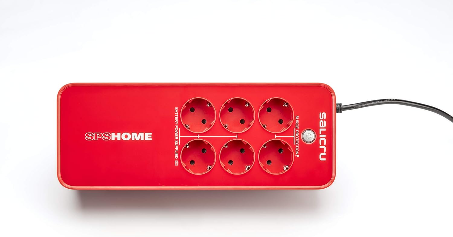 Top-down view of Salicru SPS 650 HOME UPS showing six power outlets