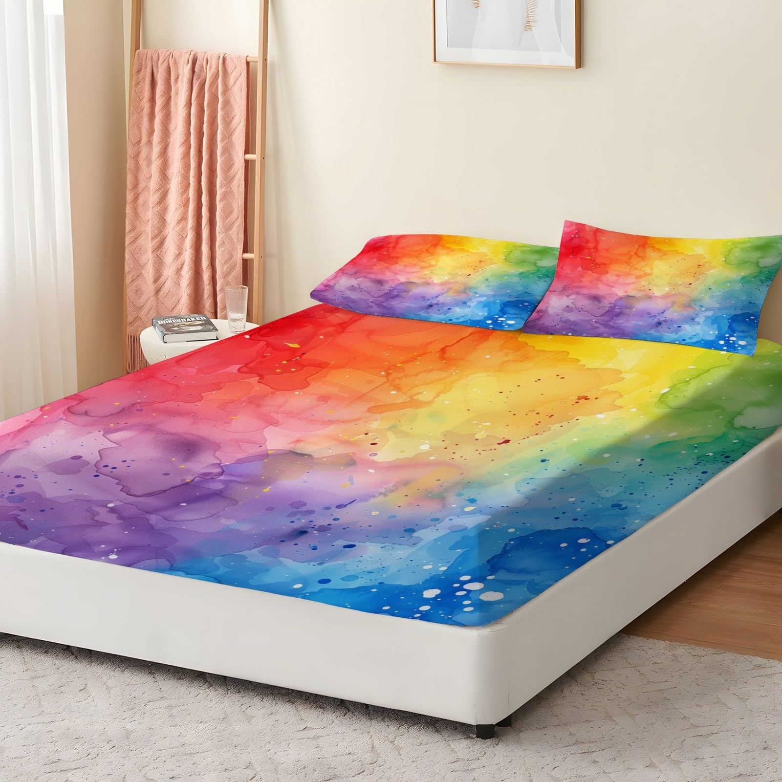 Prześcieradło z gumką 200 x 200 cm, kreskówkowe prześcieradło z gumką dla ptaków, mikrofibra z dużą czapką 30 cm i 2 poszewkami na poduszki, zestaw z gumką do grubych materacy