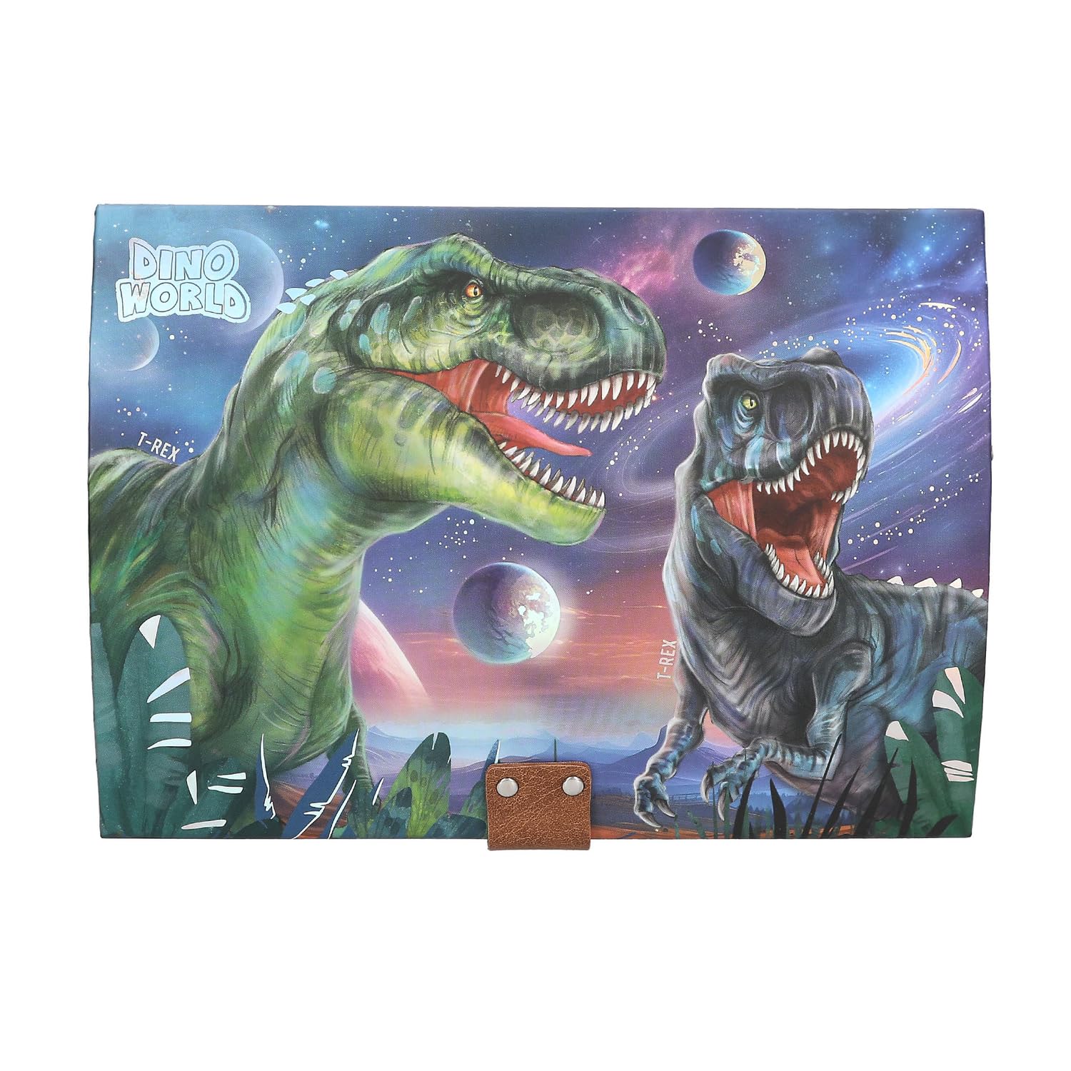 Depesche 13441 Dino World - Scrigno del tesoro con design a forma di dinosauro e pianeti, contenitore con codice, suono e luce