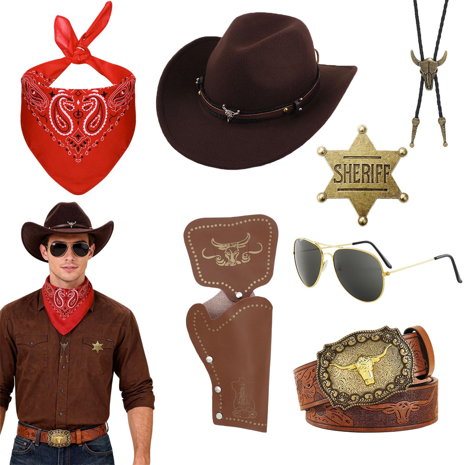 Crittygo Cowboy Outfit Kit for Men Western Cowboy Costume Accessories with Cowboy Hat Bandana Glasses Necklace Holster Belt Sheriff Badge for Halloween Western Theme Party