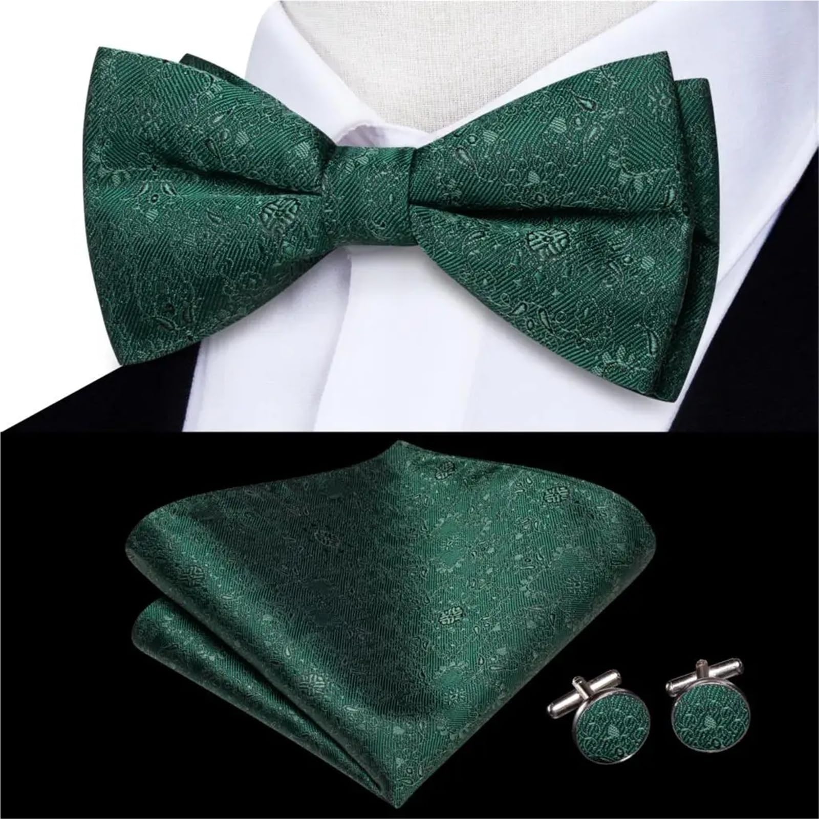 Xumkfjre Men's Color15 Pre-Tied Bow Tie Green Silk Bow Tie Hankerchief Cufflinks Set Pre-Tied Butterfly Knot Bowtie For Wedding Business(Color15)