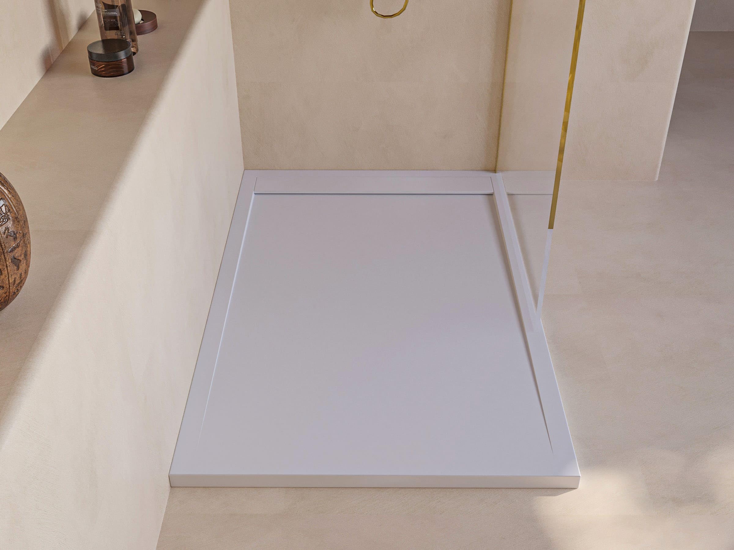 SoulHome Plato de Ducha Resina Blanco 160x90 Diseño Minimalista | Antideslizante C3, Extraplano, Resina y carga mineral, Textura Liso Piedra, Antibacteriano, Gel-coat, Incluye válvula desagüe