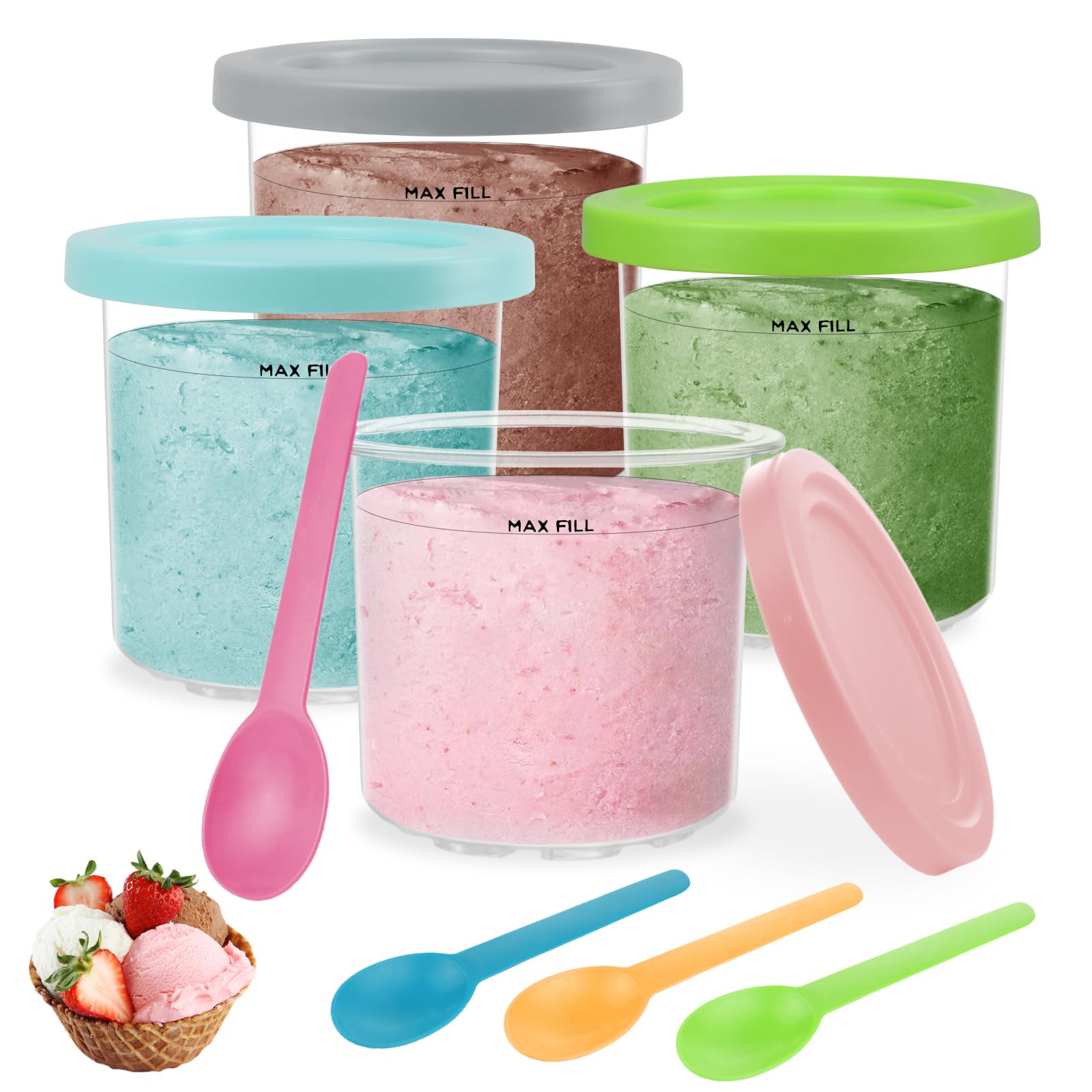 Nepfaivy Containers Replacement for Ninja Creami - 4 Pack Ice Cream Pints and Lids Compatible with Ninja NC300 NC301 Creamy Ice Cream Makers, BPA-Free & Dishwasher Safe, Color Lids