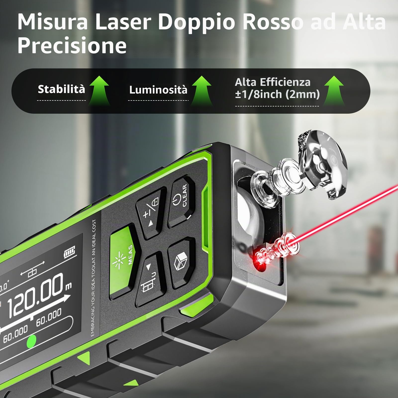 Distanziometro Laser Bilaterale, Huepar 120M con Laser, LCD retroilluminato, misurazione di distanza, superficie e volume e modalità pitagorica SW-210GT
