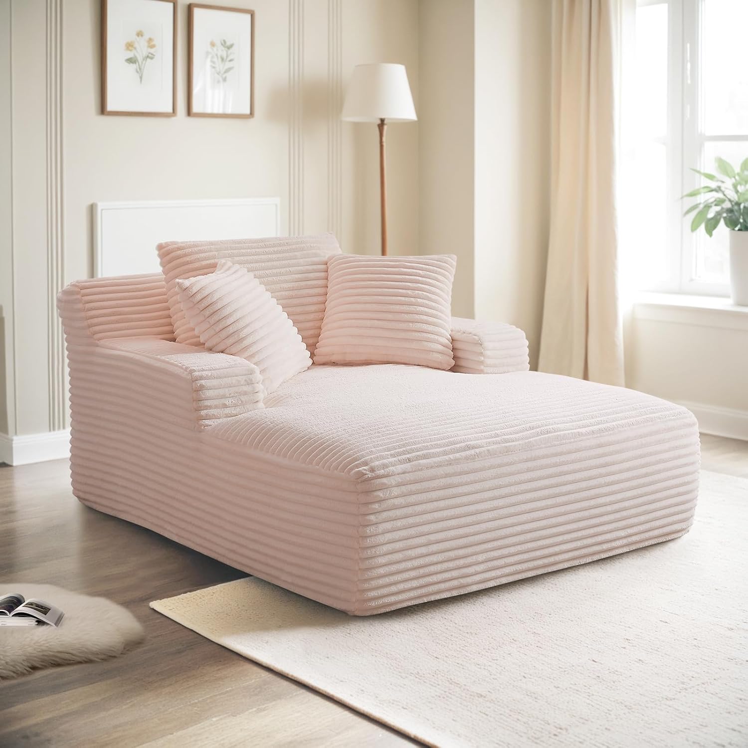 Corduroy Oversized Chaise Lounge Chair Indoor, 50"W Upholstered Fluffy Cloud Couch with 3 Pillows, Deep Seat Sofa, Comfy Reading Armchair, Sleeper Sofa Bed Chair for Living Room, Bedroom(Pink)