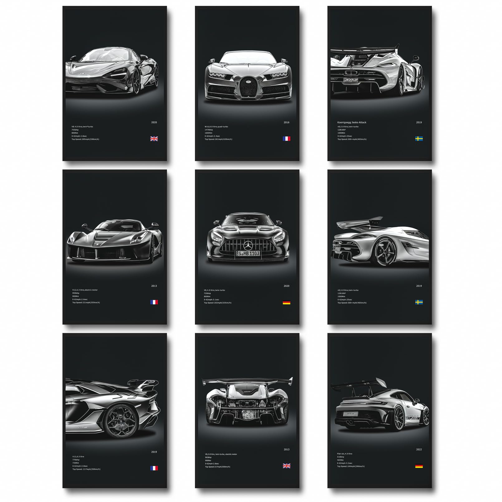 dazongweihan 9pcs Super Car Posters for Boys Room, Racing Car Wall Art for Men Guys, Sports Car Wall Decor, Race Cars Pictures Wall Decor for Bedroom Dorm Man Cave (Unframe,8x12inch)- A3