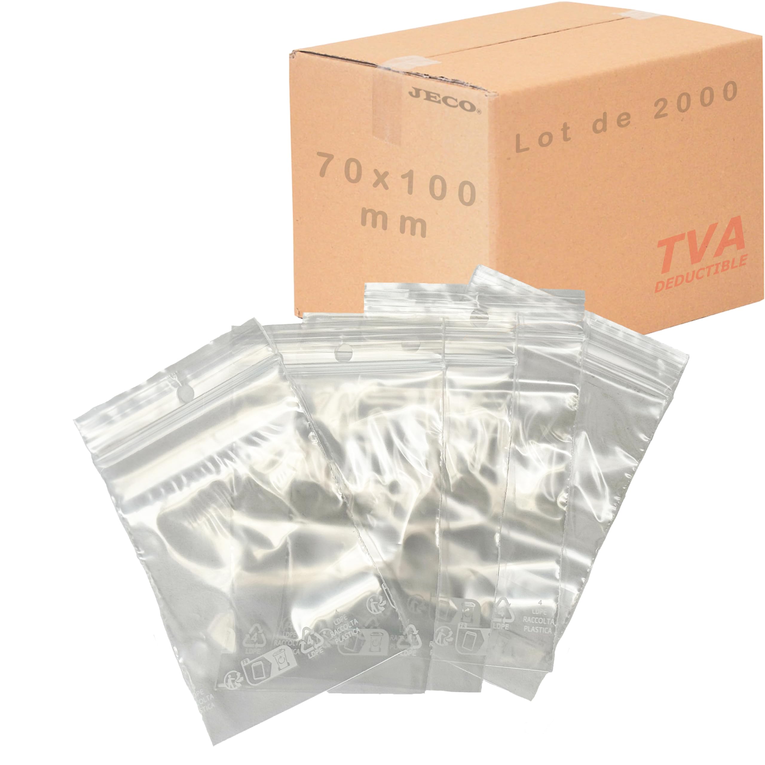 Jeco - Lot de 2000 sachets à fermeture zip transparent format 70 x 100 mm : 7 x 10cm 50µ - qualité alimentaire