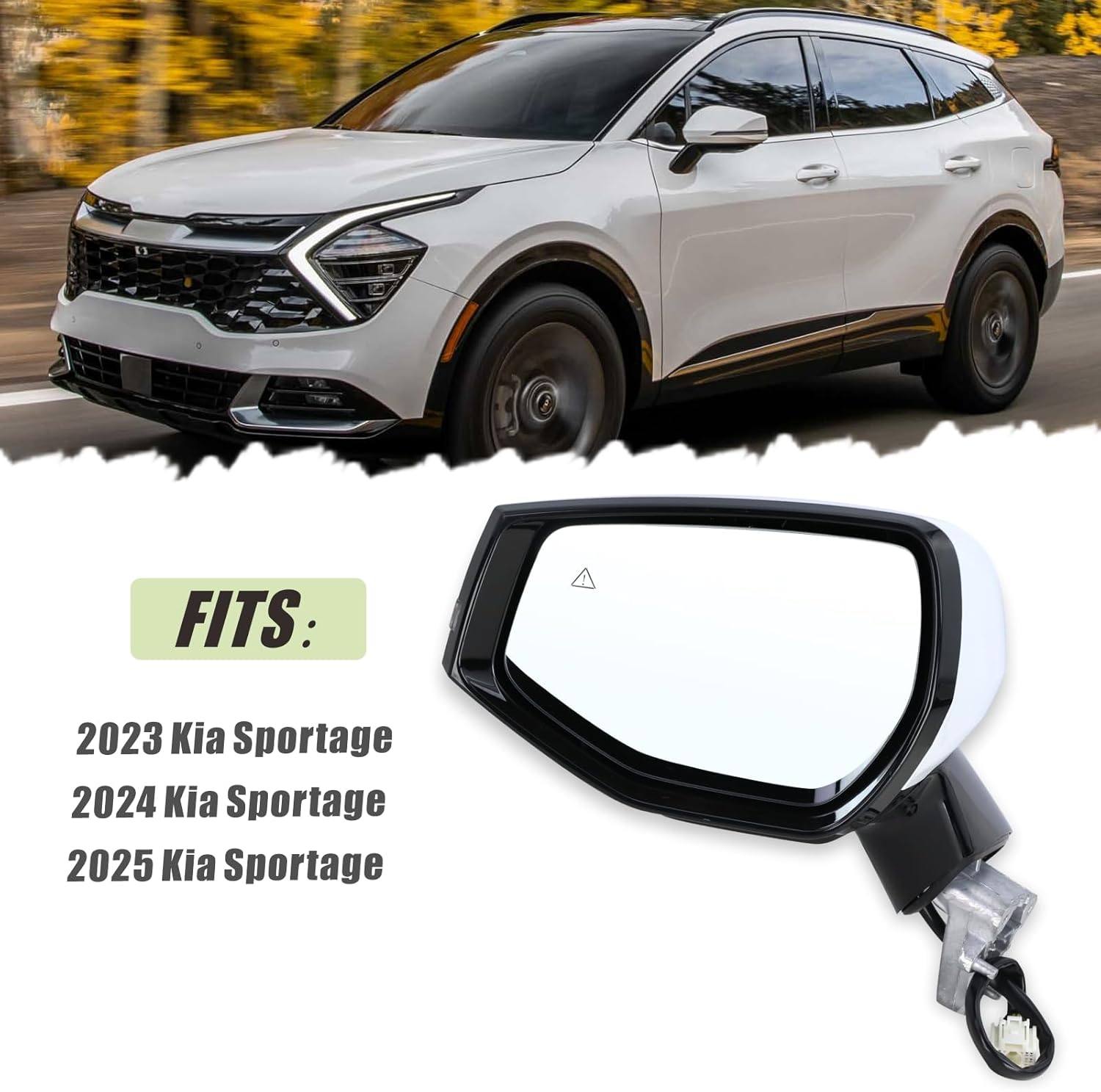 Left Driver Side Mirror Compatible With 2023 2024 2025 Kia Sportage With Manual Folding Power Glass Heated Turn Signal Blind Spot White Replace#87610P1060(8Pins)