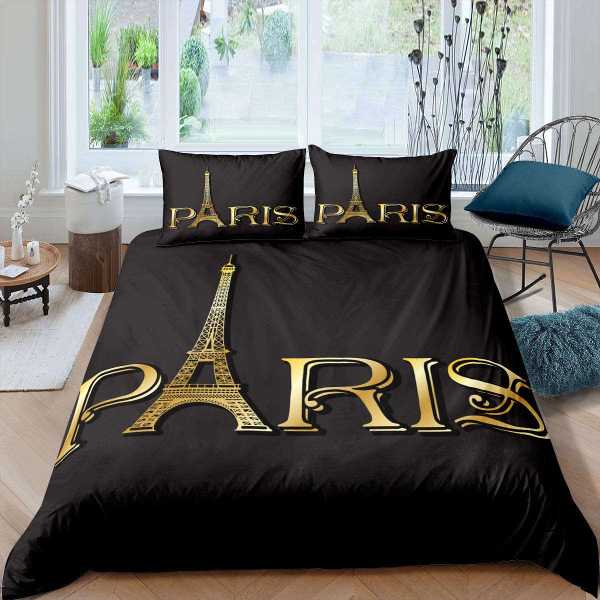 Paris Comforter Cover Set Eiffel Tower Duvet Cover Set for Kids Women Adults Paris Cityscape Bedding Set French Landscape Quilt Cover Bedroom Collection 3Pcs Super King Size,Black — image 1