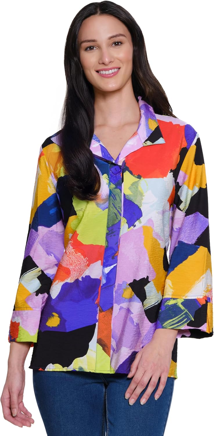 Ali Miles Printed Woven Button Front Tunic Point Collar Three Quarters Bell Sleeves