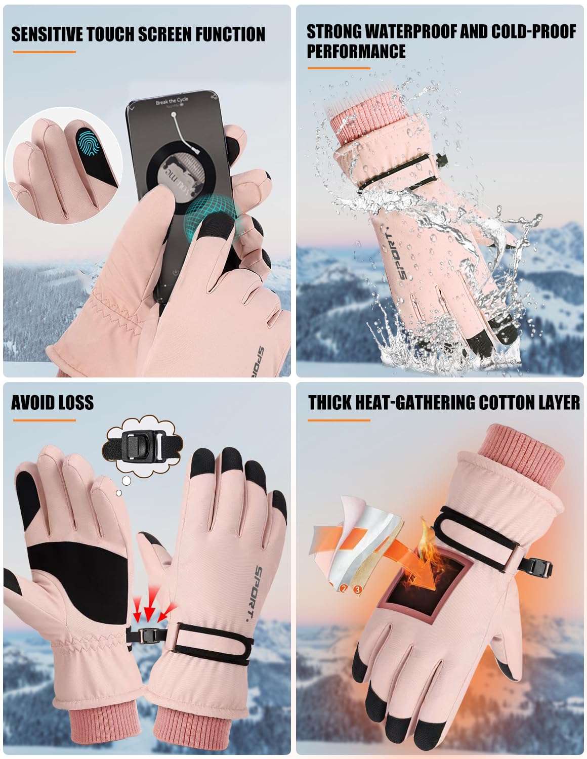 Guantes de Esquí Impermeables Mujer Nieve Invierno - Grueso Térmicos Pantalla Táctil Unisex Snowboard Moto Ciclismo