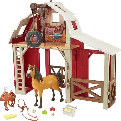 Mattel Spirit Untamed Spirit Untamed Barn Playset con caballo espiritual, granero, 3 áreas de juego y 10 piezas de juego, gran regalo para edades de