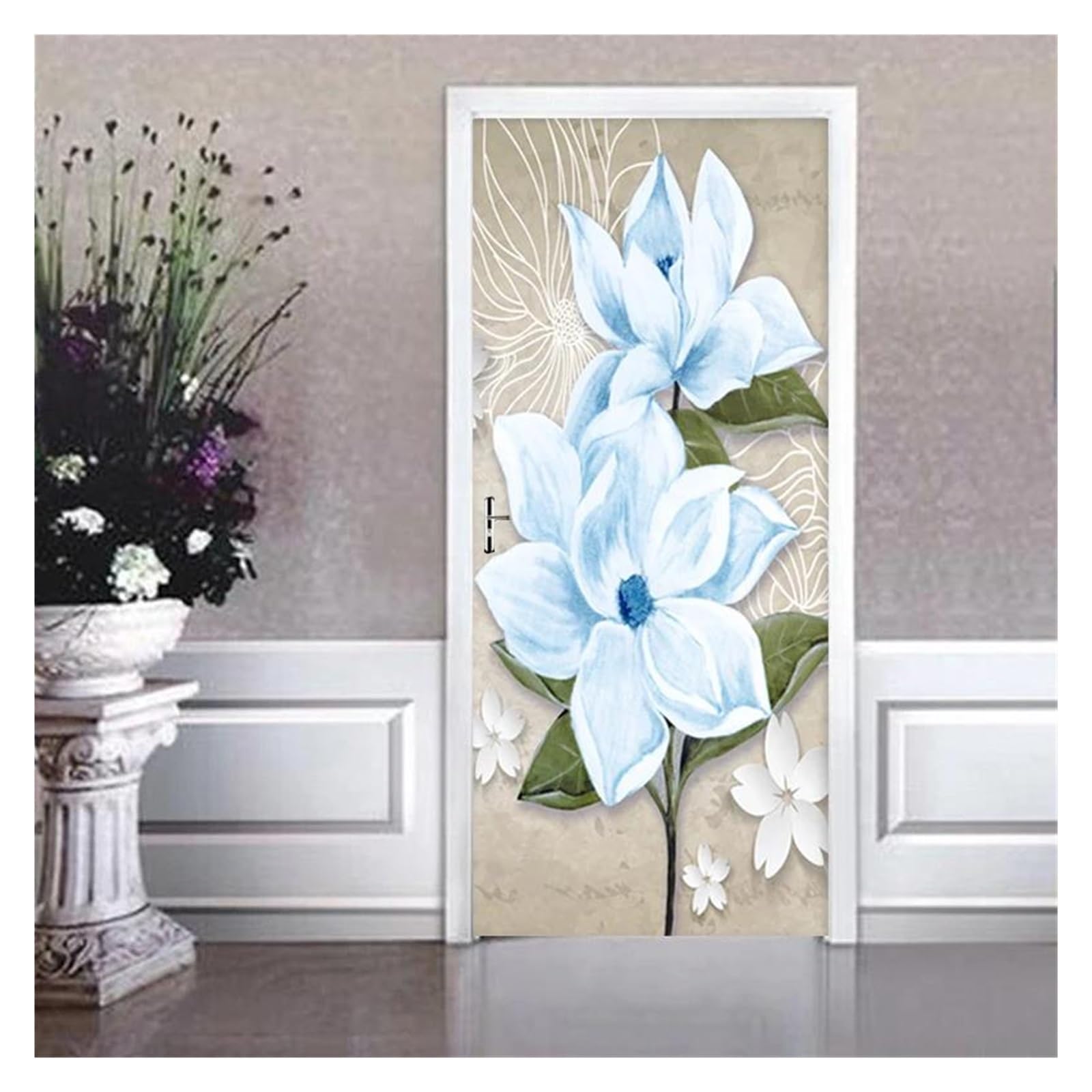 Autocollants de porte 3D fleurs bleues pour créer une ambiance zen dans votre chambre