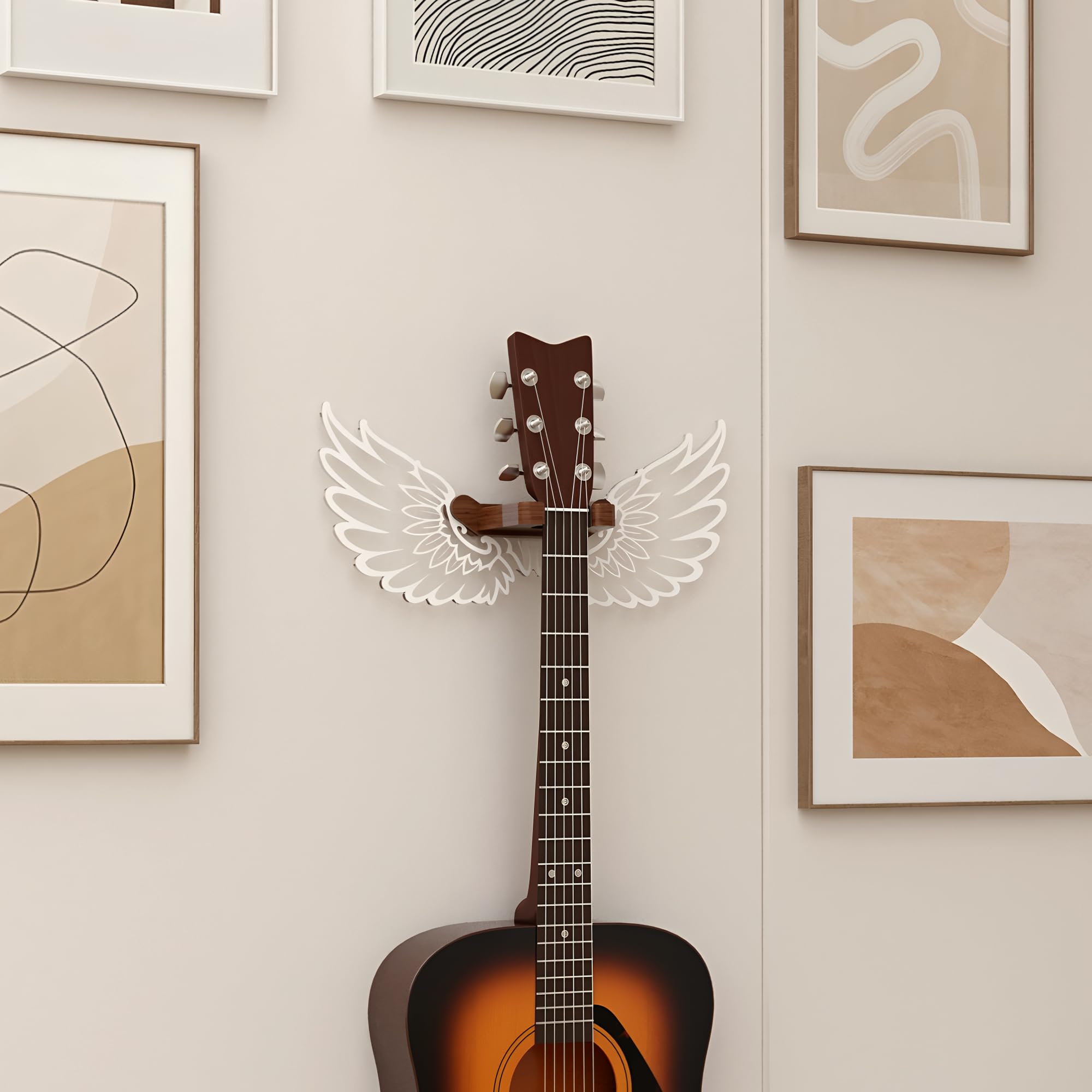 CoolGift Mart Gitarrenständer Wandhalterung mit leuchtenden Engelsflügeln, Acryl hölzerne Gitarre Aufhänger Regal mit USB betrieben, für akustische elektrische Bass Ukulele
