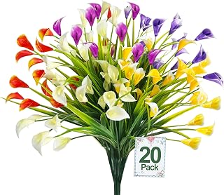 TURNMEON 20 Bundles UV Resistant Calla Lily Artificial Flowers (400 Heads) - Fake Outdoor Indoor Plants for Porch Garden Cemetery Decor, Color Mix