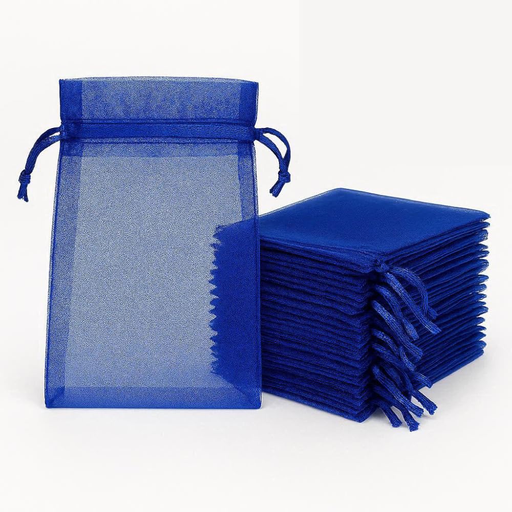 100 Pcs Royal Blue Mini Drawstring Organza Bags 5x7cm Small Sheer Mesh Jewellery Gift Pouches for Wedding Favours Christmas Party Supplies Candy