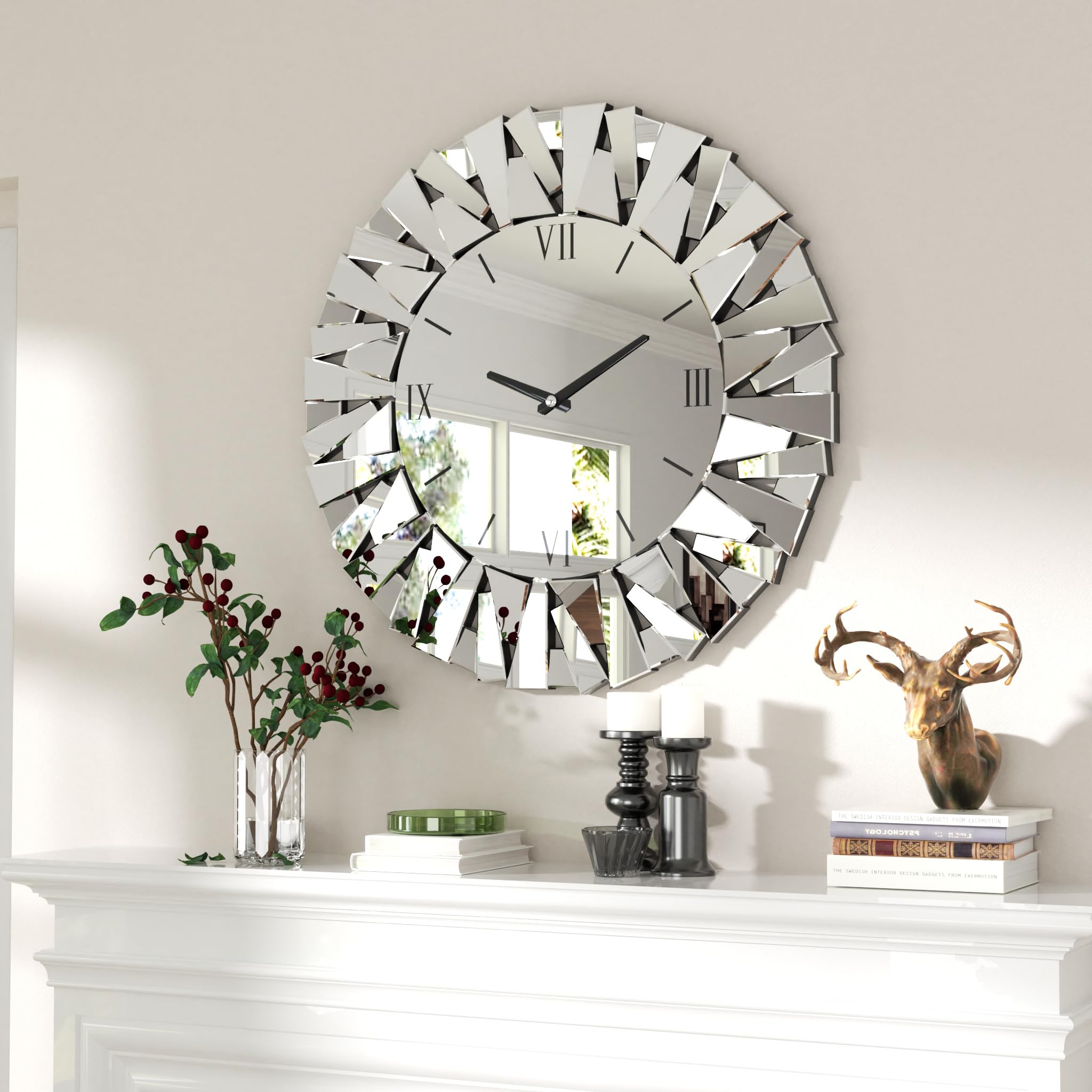 medla Round Decorative Clock Mirror Wall: 80x80cm Large Mirrored Round Clock with Silver Beveled Glass Mirror Frame Edge Luxury Art Deco Home Office Classroom School Energy Saving (Silver)