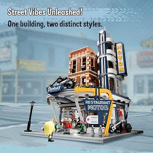 Miniatura 2 de PANTASY Juego de construcción retro para motocicleta y bar, kit modular de arquitectura de esquina de calle con puertas interactivas, paredes que se