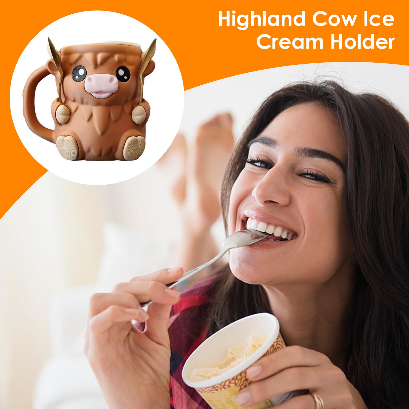 Porta Gelato Highland Cow con Cassetto Segreto, Supporto per Pinta di Gelato & Decorazione, Include 2 Cucchiai, Ideale per Casa, Picnic, Festa & Campeggio