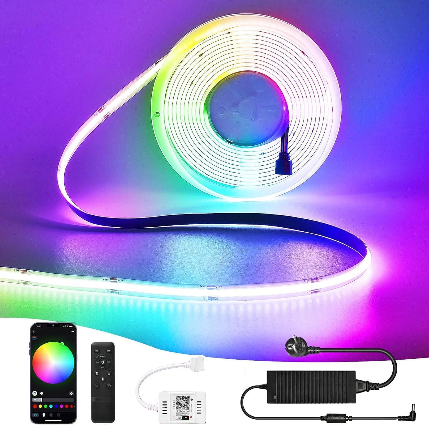 Ruban LED COB RGB 10M WiFi, Bande Lumineuse Intelligente 5760 LEDs Haute Densité, Compatible Alexa et Google Home, Sync Musique & App, Idéal pour Décoration Chambre, Gaming et Salon (24V)