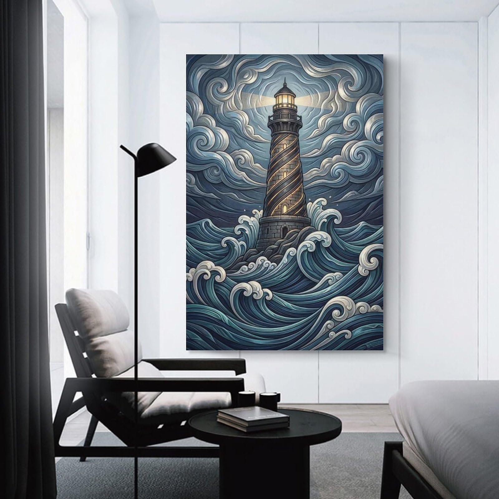 Junmoney Wall Art Print Lighthouse in A Stormy Sea, 24x36inch(60x90cm), for Living Room, Bedroom Or Home Office, Thoughtful Wall Decor for Art Lovers