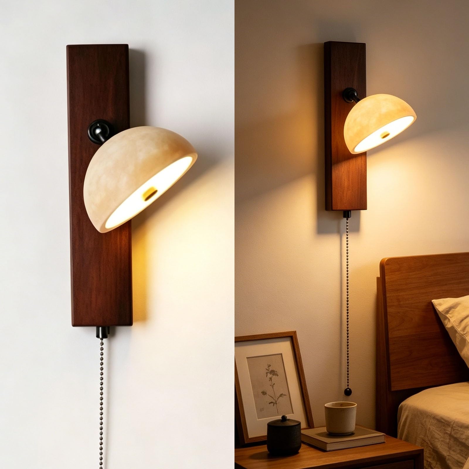 LUOYAOB Adjustable Travertine Wall Sconce with Walnut Solid Wood Base Pull Chain Switch Nordic Industrial LED Wall Mounted Reading Light Fixture for Bedside Study Living Room(Walnut)